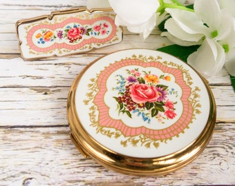 Vintage Stratton Powder Compact and Lip View / Mirror Set, Gold with Pink Roses, in Original Box