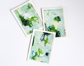 Set of 3 Miniature Paintings, Original Green Abstract ACEO Triptych, Small Contemporary Art