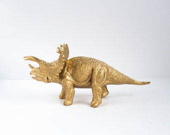 Chasmosaurus Dinosaur Figure: Small Gold Plant Pot Ornament, Gift for Adult Dino Lover