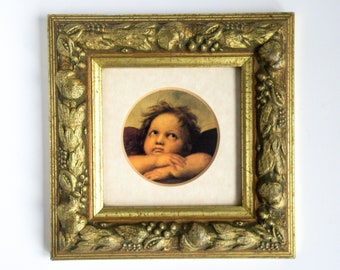 Vintage Raphael Cherub Print in Ornate Gold Frame, Small Square Renaissance Angel Art