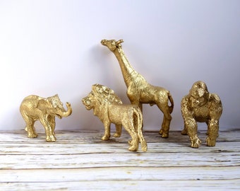 Gold Zoo Animal Ornaments; Small Decorations for Terrariums or Plant Pots, Set of 4 - Elephant, Giraffe, Lion, Gorilla