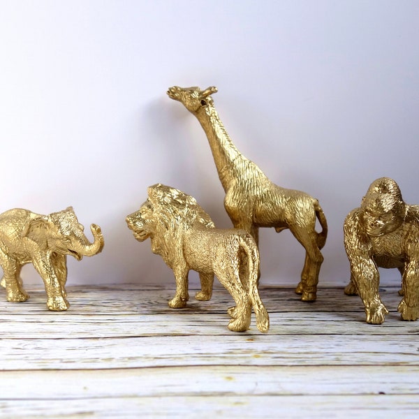 Gold Zoo Animal Ornaments; Small Decorations for Terrariums or Plant Pots, Set of 4 - Elephant, Giraffe, Lion, Gorilla