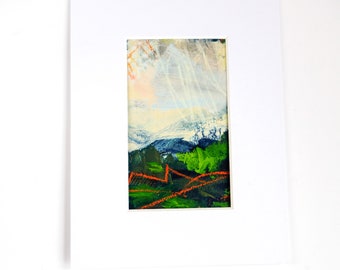 Original Landscape Painting on Paper, Contemporary Semi-Abstract Art in 6" x 8" White Mount