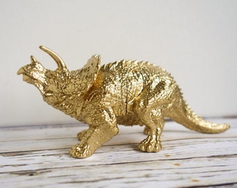 Gold Triceratops Dinosaur Figure, Upcycled Plastic, Small Metallic Desk Ornament