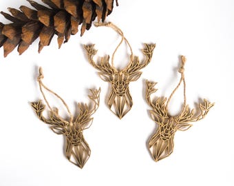 Stag's Head Christmas Ornaments, Set of 3 Geometric Gold Decorations