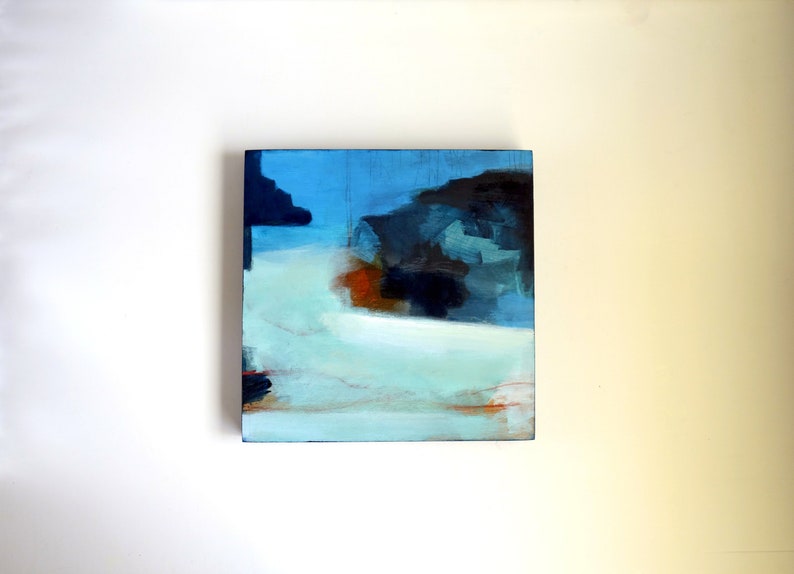 Modern Original Abstract Seascape Painting, Deep Blue Contemporary Art on Wood Panel 20 x 20 cm image 6