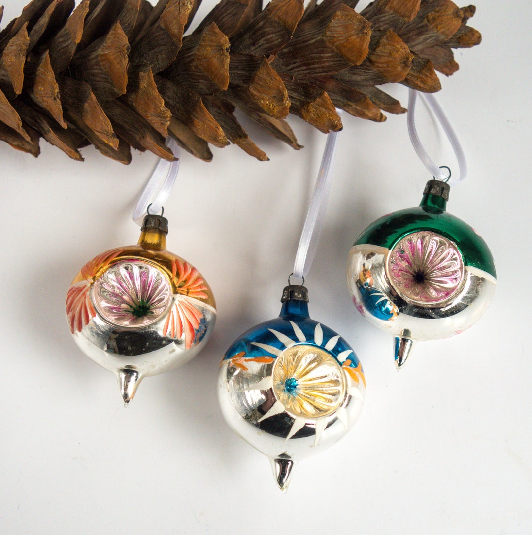 Mercury Glass Vintage Christmas Baubles 3 Silver Colourful Etsy