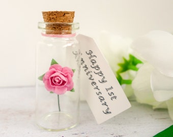 Mini Paper Rose in Bottle with Your Custom Message; Personalised 1st Wedding Anniversary or Birthday Gift