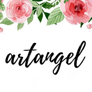 May include: A white background with a floral border of pink roses and green leaves. The word "artangel" is written in black cursive script.