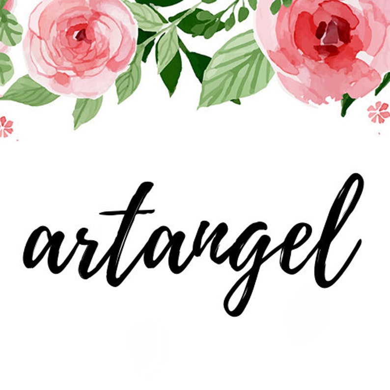 May include: A white background with a floral border of pink roses and green leaves. The word "artangel" is written in black cursive script.