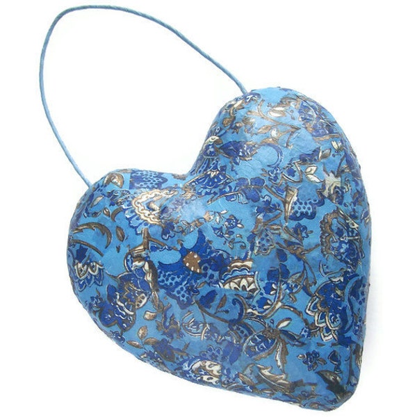 Decoupage heart ornament shabby chic blue and gold paper mache