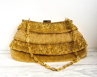 Vintage Gold Beaded Evening Bag by Scheilan, Italian Sequinned Handbag with Chain Handle