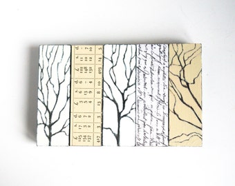 Mini Tree Original Art on Wood Blocks: Small Affordable Paintings and Text Collage, Neutral Monochrome Mixed Media Set of 5