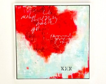 Original Bright Red Abstract Painting in White Frame: Colourful, Textured Contemporary Modern Wall Art 12 x 12 Square