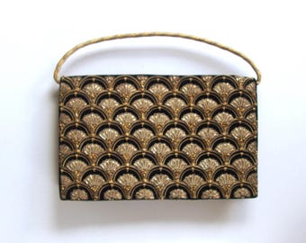 Vintage Zardozi Handbag, Black, Gold & Silver Embroidered Art Deco Evening Bag