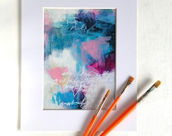 Original Abstract Painting on Paper with Asemic Writing, Blue, Pink & Teal