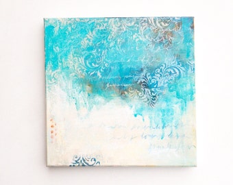 Teal Blue Abstract Painting on 12" x 12" Canvas, Original Soft Hand-Painted Wall Art