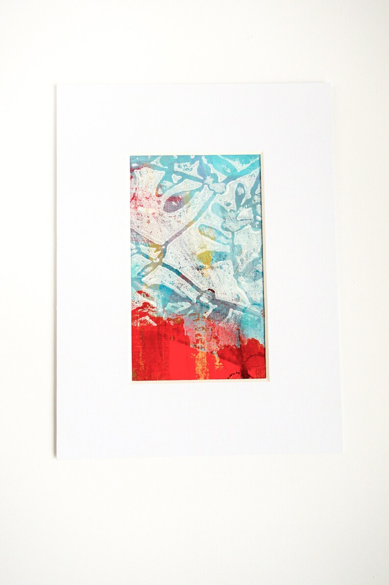 original abstract painting on paper, small acrylic art in red and teal