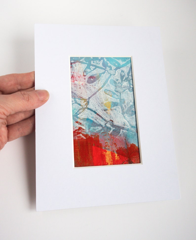 Abstract Original Painting Small Red & Teal Art in 6 x 8 White Mount image 2
