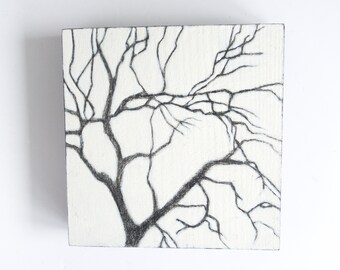 Winter Tree Painting, Original Contemporary Mixed Media Monochrome Nature Art