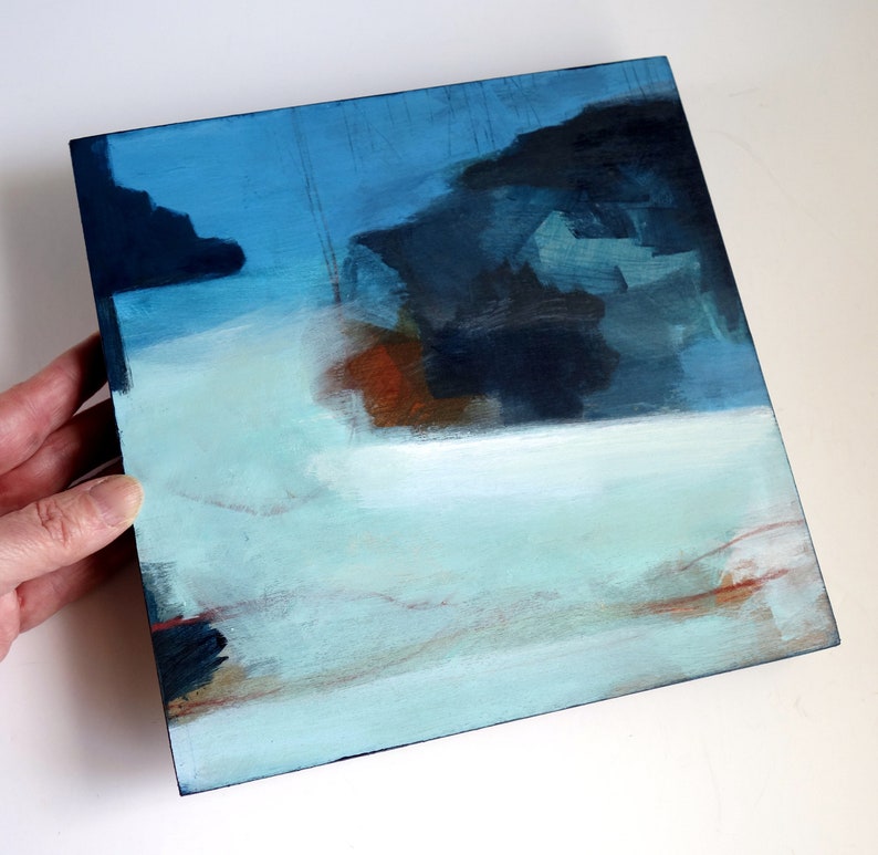 Modern Original Abstract Seascape Painting, Deep Blue Contemporary Art on Wood Panel 20 x 20 cm image 7