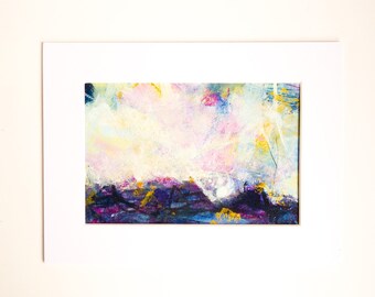 Abstract Seascape Original Painting on Paper; Neutrals, Blues, Pink and Gold Unframed Art in 6 x 8" White Mount