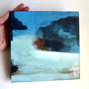 Modern Original Abstract Seascape Painting, Deep Blue Contemporary Art on Wood Panel 20 x 20 cm image 3