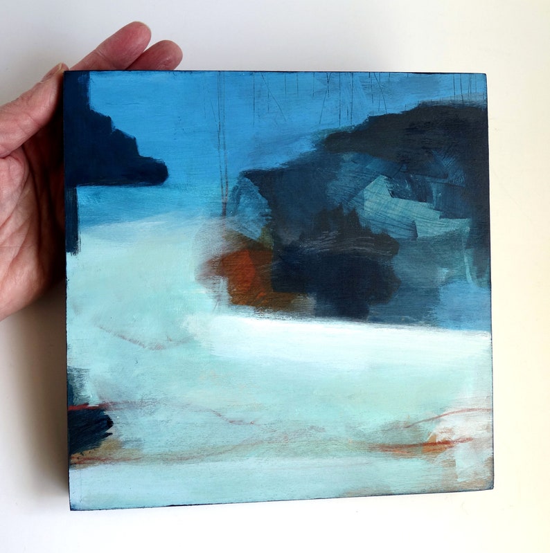 Modern Original Abstract Seascape Painting, Deep Blue Contemporary Art on Wood Panel 20 x 20 cm image 3