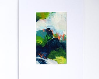 Abstract Landscape, Original Painting on Paper in Blues & Greens; Affordable Modern Art in 6 x 8" White Mount