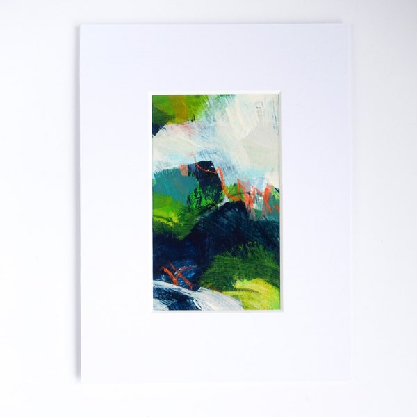 Abstract Landscape, Original Painting on Paper in Blues & Greens; Affordable Modern Art in 6 x 8" White Mount