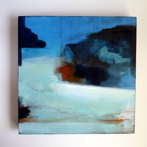 Modern Original Abstract Seascape Painting, Deep Blue Contemporary Art on Wood Panel 20 x 20 cm image 1