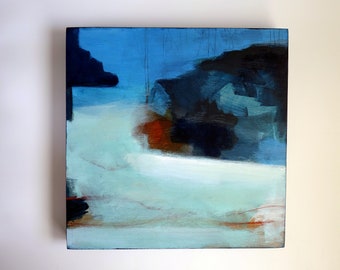 Modern Original Abstract Seascape Painting, Deep Blue Contemporary Art on Wood Panel 20 x 20 cm