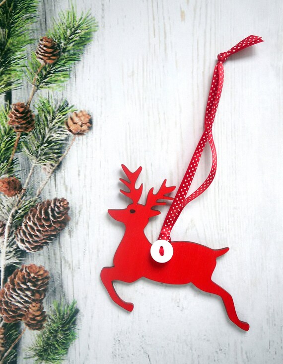 Red White Reindeer Christmas Ornament Wood Tree Decoration Etsy