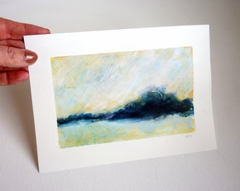 Moody Landscape Painting on Paper, Original Contemporary Art in Deep Blue and Neutrals