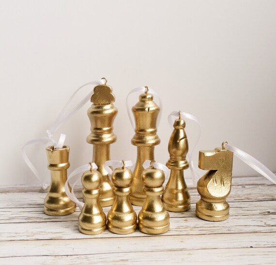 Chess Piece Christmas Decorations Set of 8 Gold Holiday Etsy UK