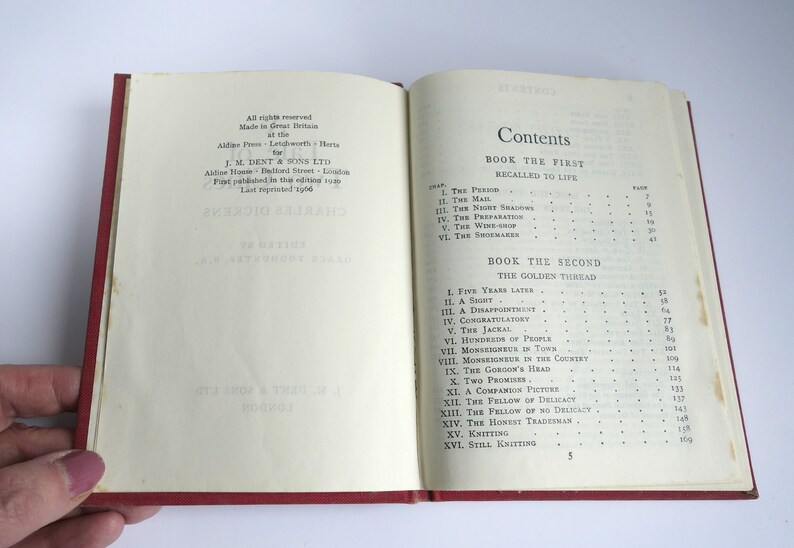 May include: A close-up of the contents page of a book titled "The Golden Thread" by Charles Dickens. The book is divided into two parts: Book the First, Recalled to Life, and Book the Second, The Golden Thread. The page lists the chapters and their corresponding page numbers.
