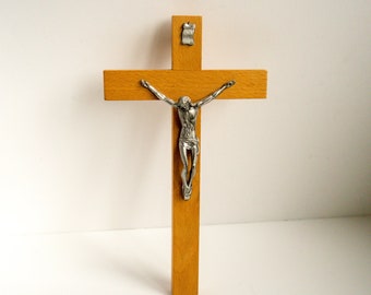 Vintage Crucifix: Simple Wood and Silver Traditional Cross, Religious Gift