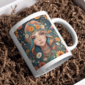 Flowers Beautiful Girl   Mug, Boho Wildflowers Cottagecore Coffee Mug, Flower Garden Lover, Gift For Her,