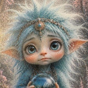 May include: A digital illustration of a creature with light blue fur, large expressive blue eyes, and pointed ears. The creature wears a decorative beaded headpiece with a central blue stone and holds a clear, spherical orb in its hands.