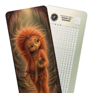May include: A rectangular reading log bookmark featuring a fantasy creature with orange fur and pointed ears holding a measuring tape. The reverse side is cream-colored with the text Seventh Sun Gallery READING LOG BOOKMARK, a sun icon, and a grid of numbers.