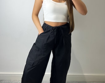 Erika Black String Belt Parachute Cargo Trousers