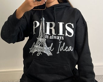 Roxanne Black Paris Slogan Oversized Hoodie