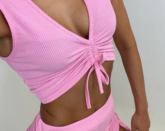Belle Pink Ribbed Ruched Crop Top & Shorts Co-Ord Set