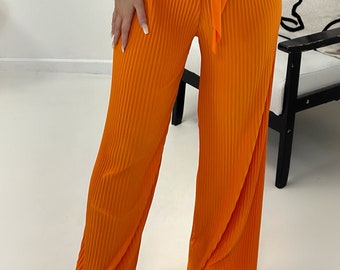 Teagan Orange Slinky Plisse Tie Waist Wide Leg Trousers