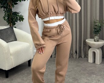 Dotty Beige Trim Crop Hoodie and Joggers Tracksuit Set