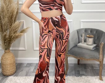 Aifric Brown Retro Marble Print Ruched Bum Flare Trousers