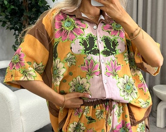 Alexyn Orange Floral Button Up Shirt and Shorts Co-Ord Set