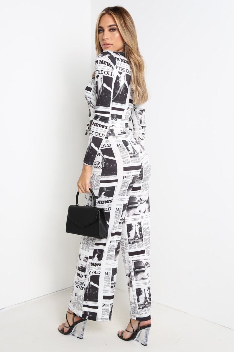 White Newspaper Print Wide Leg Trouser image 10