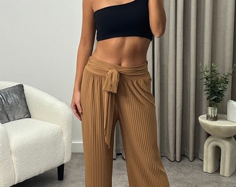 Teagan Dark Beige Slinky Plisse Tie Waist Wide Leg Trousers