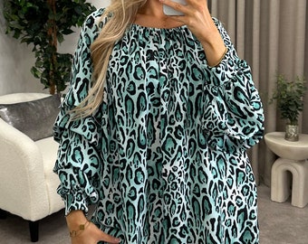 Marlina Green Leopard Print Tier Long Sleeve Bardot Top
